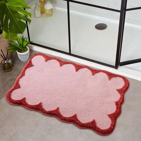 Tappeto da bagno antiscivolo in microfibra con bordo ondulato, morbido e assorbente, 60x40 cm, bianco (1/2)