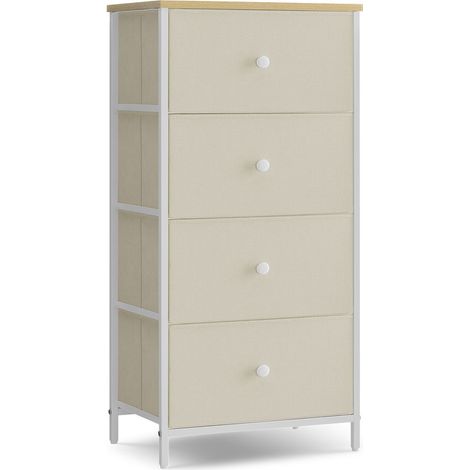 Commode, Meuble de Rangement pour Chambre, Colonne de Rangement en Tissu avec 4 Tiroirs, Cadre en Métal, Jaune Camel et Blanc Crème (1/5)