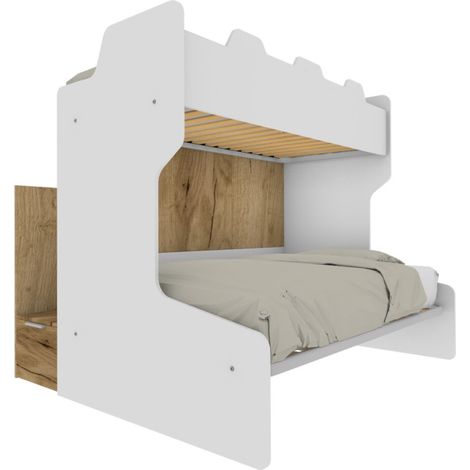 Letto a castello salvaspazio con scala contenitore - 1 Piazza e mezza + singolo - Bianco e Quercia