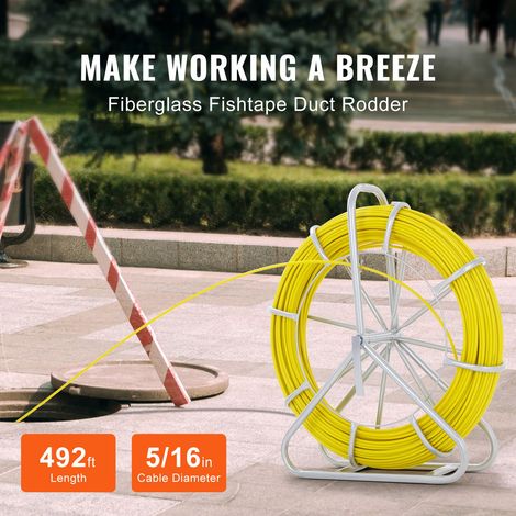 Tire-fil fibre de verre 150,3 m 8 mm, passe-cable tubulaire sur dévidoir acier, 3 têtes de tirage, outil non conducteur murs et gaines électriques (1/5)
