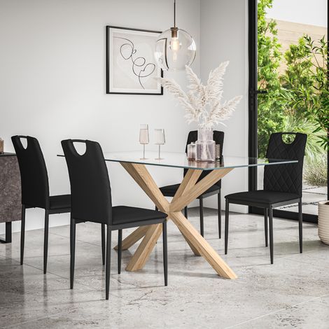 Etta Glass Dining Table And Chairs - Glass Top w Solid Oak Legs + Monza Faux Leather Dining Chair Set Of 4 (Black) (1/5)