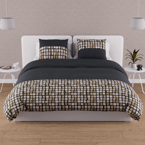 Soleil D Ocre – Parure de lit housse de couette 240x220 cm en coton 57 fils – Gris anthracite – 2 taies d'oreiller 63x63 cm – Entretien facile