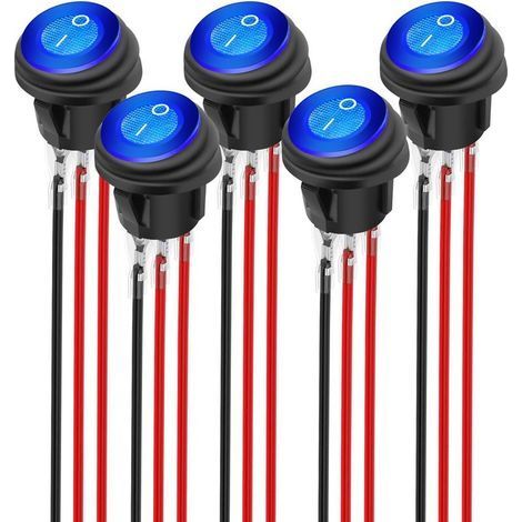Interrupteur à Bascule Rond Etanche 12-24V 15A avec Eclairage LED Bleu on/Off 3 Broches 2 Positions 12V pour Voiture Marine, Camping-Car, Camion (Lot de 5 Bleu) (1/5)