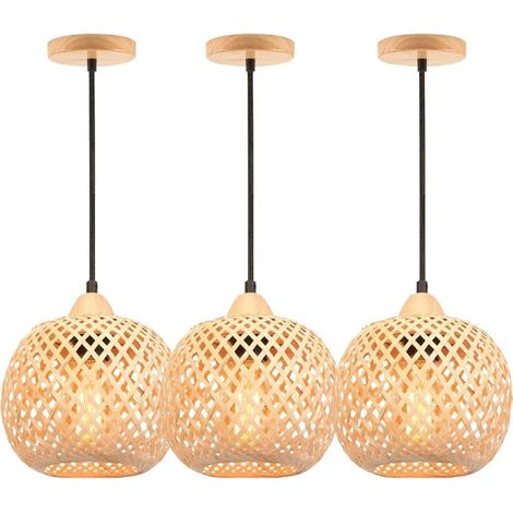 3pcs Lustre Suspension Vintage,Lampe Luminaire Ajustable en Bambou Designe Rond Plafonnier Style Campagne pour Salon Chambre (1/5)