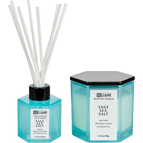 Set candela profumata in cera di soia 100% e diffusore con bastoncini profumo sale marino di salvia Classy Tint