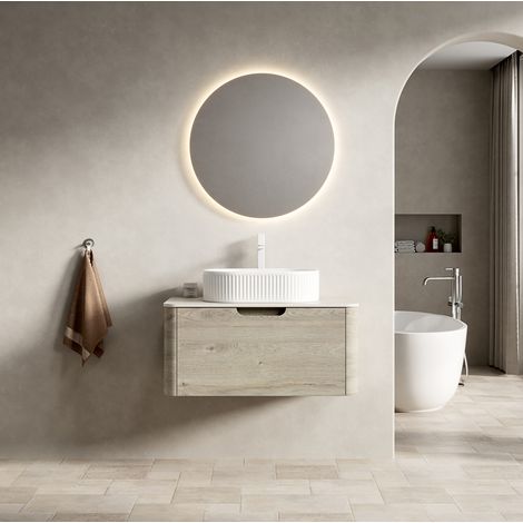 Mobile lavabo sospeso 80x46x50,2 cm in legno beige, con contenitore per bagno FloraGrace (1/5)