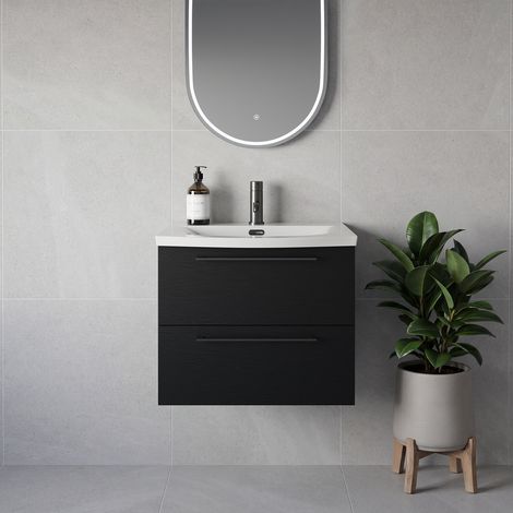 Napoli 390 Nero Oak 600mm Wall Mounted 2 Drawer Vanity Unit with Arc Basin - 600mm - Gunmetal Grey 320mm Handle