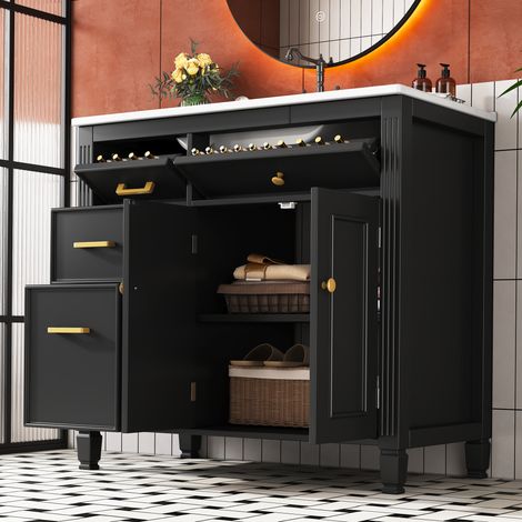 Modernluxe - Meuble de salle de bain avec vasque en céramique - avec 4 tiroirs et 2 portes - Finition laquée - Noir (Robinet non inclus)