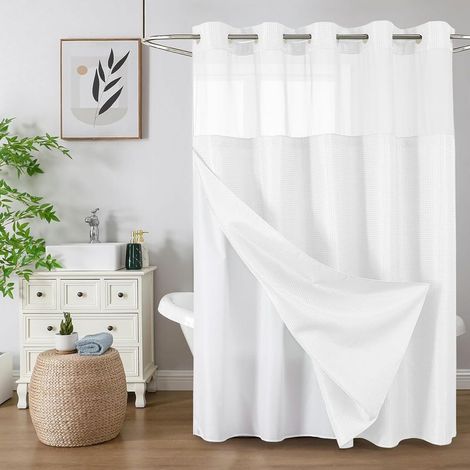 Rideau de douche sans crochet avec doublure en tissu à clipser Rideau de douche épais et résistant à tissage gaufré avec fenêtre sur le dessus en maille Ensemble de rideau de salle (1/5)