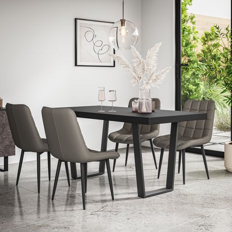 Aria Dining Table And Chairs - Black Table Top w Black Legs + Nova Faux Leather Dining Chair Set Of 6 (Grey) (1/5)