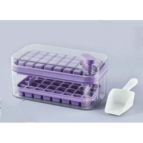 Bandeja para cubitos de hielo con tapa y compartimento de almacenamiento, apta para frigoríficos, reutilizable (morada, 1 unidad). (1/5)