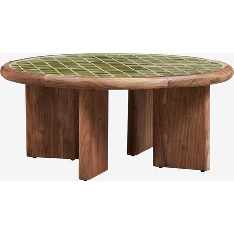 SKLUM Runder Couchtisch Ø80 cm aus Akazienholz und Aitana-Fliesen Melonengrün – Akazienbraun                                  