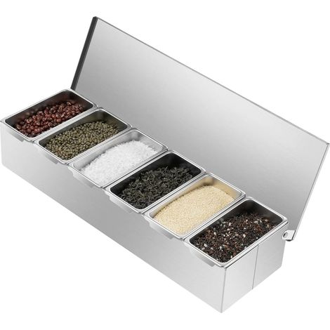 Dispensador de condimentos, acero inoxidable, diseño de 6 compartimentos, plateado. (1/2)