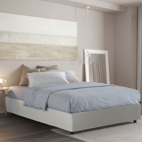 Dmora - Doppelbett Dabadak, Containerbett mit Kunstlederbezug, 100% Made in Italy, Frontöffnung, mit Matratze Cm 140x200 enthalten, Weiß (1/3)