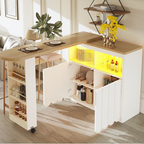 MEUBLIV Table bar extensible 135-205x39x100 cm blanche avec LED, rangement et roulettes (1/5)