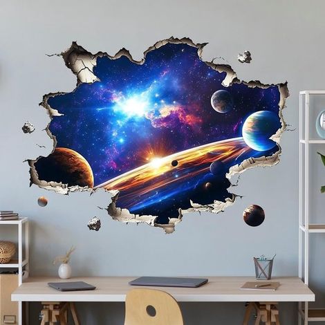 Vinilo decorativo 3D "Pared Rota" del Espacio: Universo con planetas y estrellas，efecto realista de pared rota (1/5)