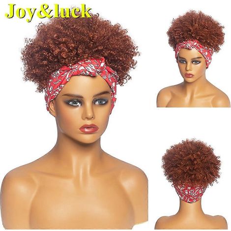 Perruque synthétique avec bandeau, style afro crépu, bouclée, brune, pour femmes, turban noir, cheveux courts bouclés naturels