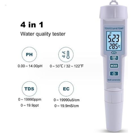 4 En 1 Testeur Qualite De L'Eau Ph / Ec / Tds / Temperature Ip55 Metre Arret Automatique Etanche Retro-Eclairage Affichage Testeur Blanc Ph-686 (1/5)
