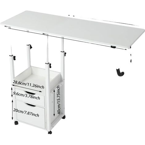 Table de lit, hauteur réglable, design roulant, BLANC (1/2)