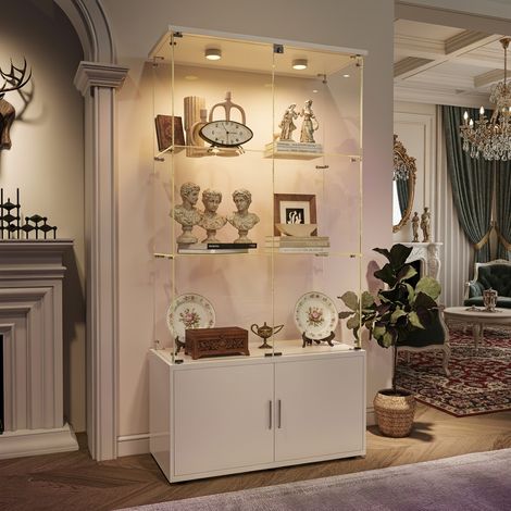 Vitrine en verre à 3 niveaux et portes coulissantes avec serrure de sécurité, vitrine pour collection, hauteur 164 cm, meuble de rangement à 2 portes, éclairage LED, blanc