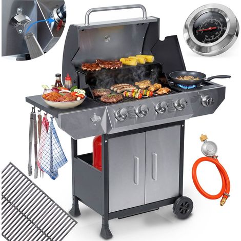 Gas Grill with Cast Iron Grate, 5 Burners, Lid & Thermometer