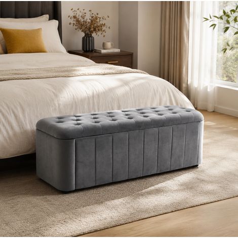 Panca contenitore in velluto 132 x 47 x 44 cm, capitonné, grigio scuro DESVIAE (1/5)
