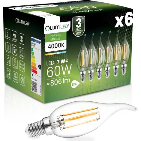 6x LED-Lampe E14 Kerze BA35 7W = 60W 806lm 4000K Neutralweiß 360° Glühfadenbeleuchtung