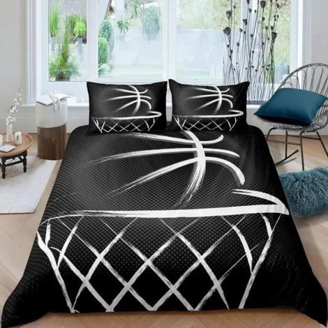 Housse de Couette - Basket - Noir - 200x200 cm - 2 Taies d'oreiller 65x65 cm - Microfibre Douce (1/3)
