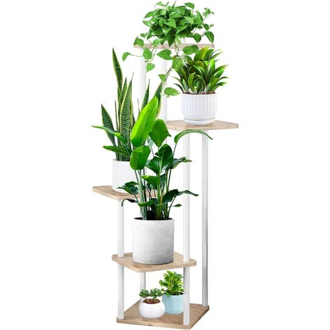 5 Niveaux Support pour Plantes D'intérieur, 106CM Haut Étagère pour Plantes D'extérieur Présentoir à Plantes en Bois pour Salon Terrasse Balcon Bohème Maison Jardin Plante Pot Décor (Blanc) (1/5)