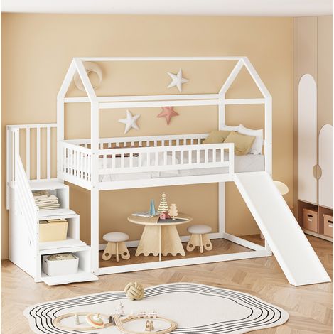 Letto a soppalco per bambini 90x200 cm con scivolo e contenitore, bianco, in legno - FLORAGRACE (1/5)