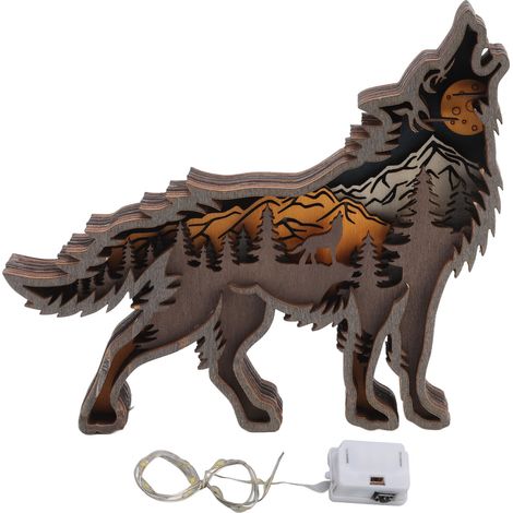 Statuette Loup en Bois Détails Fins Lumière Fils Décoration Intérieure Multilayer Sculpture Loup Cadeau Maison (1/5)