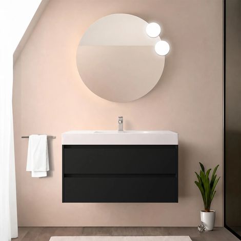 Mobile bagno sospeso 90 cm nero satinato con due cassetti e lavabo in resina Gaya (1/5)