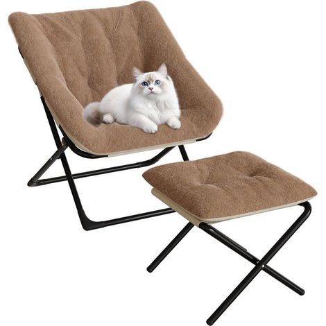 Klappbarer Sessel mit Hocker, weicher Kunstfell-Bezug, braun (1/5)