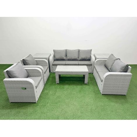 Fimous PE Rattan Garden Furniture Set Adjustable Chair Sofa Double Love Seat 2 Seater Sofa Lounge Set Rectangular Coffee Table 2 Side Table Light Grey (1/5)