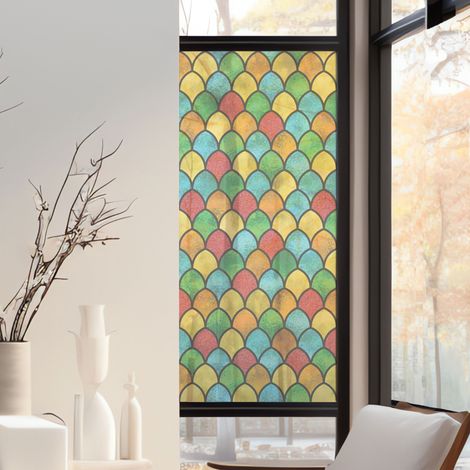 Stickers décoratifs électrostatique, écailles, multicolore, géométrique, raccordable, effet vitrail, 150 cm X 67,5 cm (1/2)