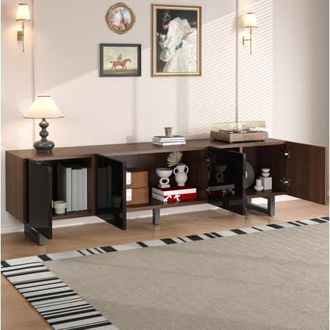 Meuble TV 180x38x50 cm noir et naturel en MDF avec rangement fermé, design moderne et finitions brillantes (1/5)