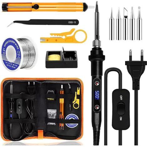 Fer à Souder Set, Electronique De Precision Kit 80W Température Réglable 180-520°C Fer A Souder avec interrupteur ON/OFF, 5 Conseils de soudage, Pompe à Dessouder, Support, Pincettes