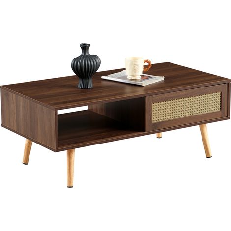 Table basse en rotin tressé, table avec portes coulissantes, pieds en bois massif, table de salon moderne, finition noyer foncé,H40 x L105 x P55 cm