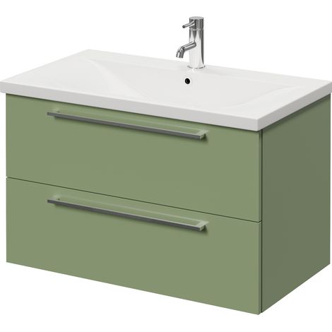 Napoli 460 Olive Green 800mm Wall Mounted 2 Drawer Vanity Unit with Glide Basin - 800mm - Chrome 480mm Handle