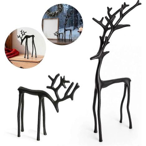 Décorations de Noël rennes, lot de 2 figurines de rennes en métal noir - Décorations de Noël modernes - Élégantes statues d'intérieur pour cheminée (1/4)