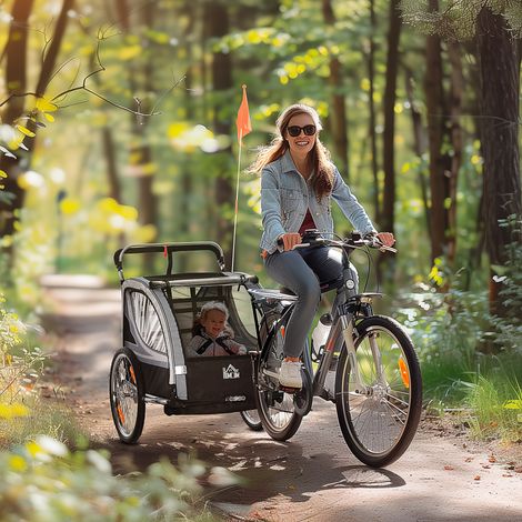 Remorque à vélo pour enfants - avec freins - pliable - pour 2 enfants - chariot pousseur - gris/noir - Qualité