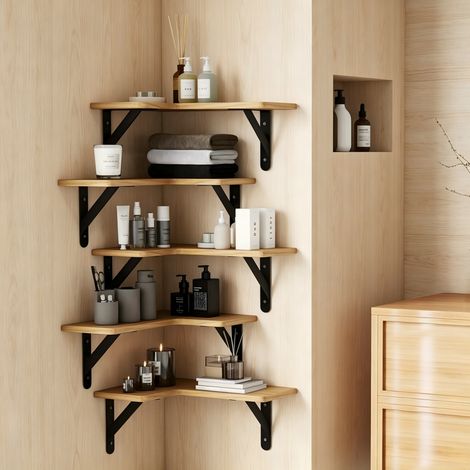 Set of 5 Rustic Wood Floating Corner Shelves with Metal Brackets, Space Saving Wall Mount Display Storage Shelving for Lounge Bedroom Kitchen (1/5)