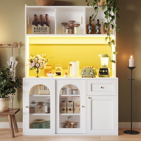 Buffet haut blanc 120 x 40 x 180cm, meuble avec led et étagères réglables, armoire vitrée moderne (1/5)