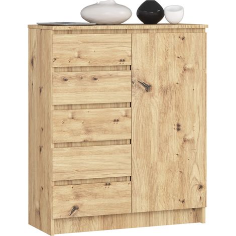 Akord – Commode enfant 80 cm – 1 porte – 5 tiroirs – 3 étagères – Panneau stratifié chêne artisanal – Dimensions 80x35x97 cm