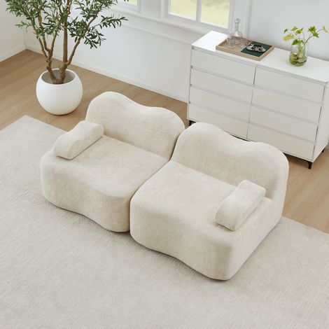 Canapé modulaire désossé 2 places beige forme ondulée,coussins profonds et accoudoirs mobiles,sans installation pour salon. (1/5)
