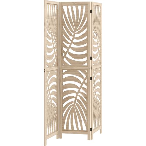 Paravento da Interno a 3 Pannelli Pieghevole e Separabile in Legno, Design a Foglie, 120x170 cm, Colore Legno