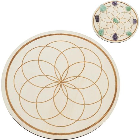Panneau de géométrie sacrée en bois et cristal - 24,9 cm - Plaque ronde pour amplifier la puissance de vos cristaux pour autel, yoga, méditation, sorcellerie (1/5)