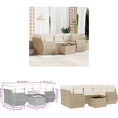 7-tlg. Garten-Sofagarnitur mit Kissen Beige Poly Rattan - Gartenmöbel - Outdoor Möbel - Rattan Gartenset - Lounge Set - Esstischgarnitur - Home & Living (1/3)
