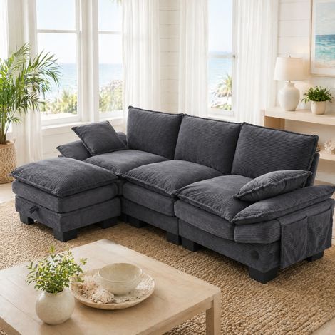 Divano modulare 3 posti in velluto a coste con pouf, USB-C e tasche, grigio scuro (1/5)