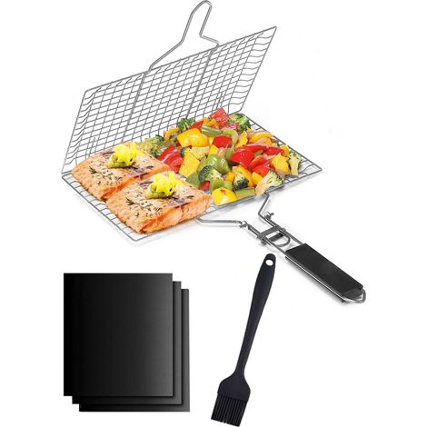 Panier à griller en acier inoxydable avec brosse en silicone, idéal pour le poisson, les légumes et les grillades. (1/5)